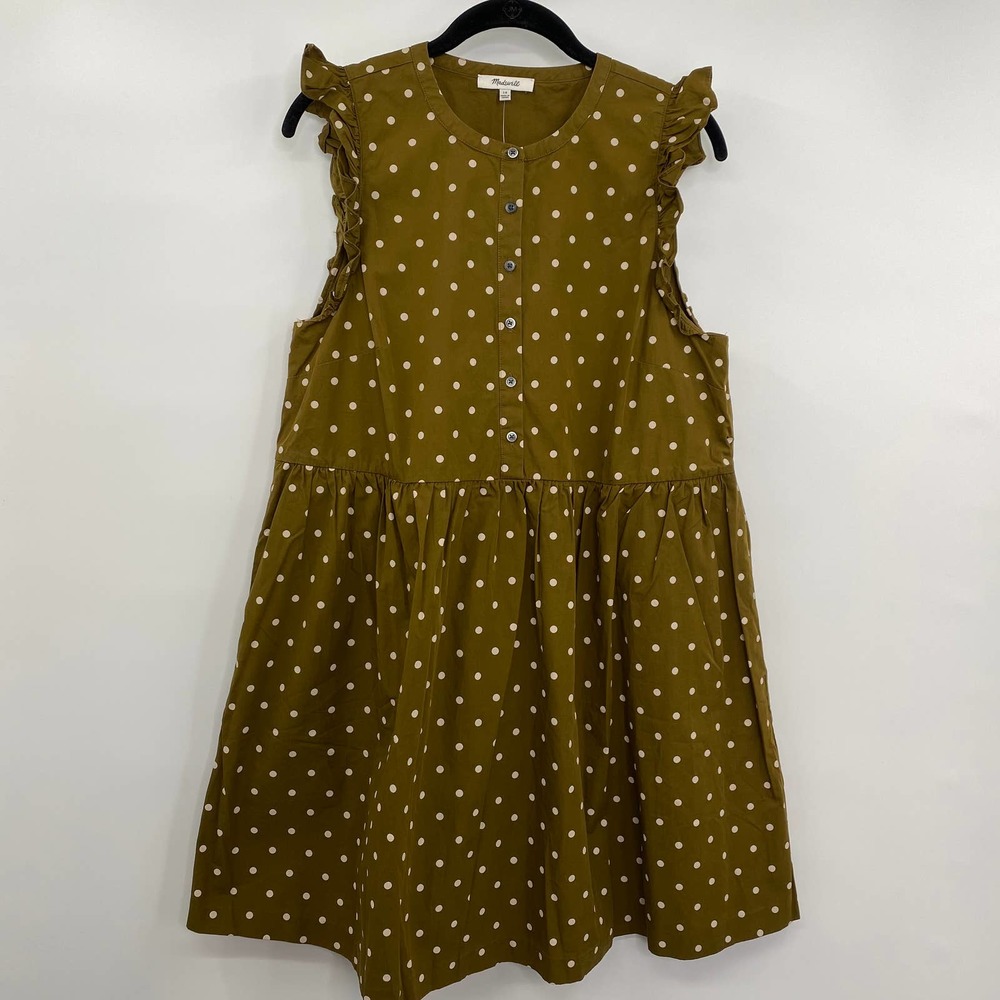 Madewell Mini Shirt Dress Green Brown Ivory Polka Dot Womens Size 10 NEW - Picture 2 of 7